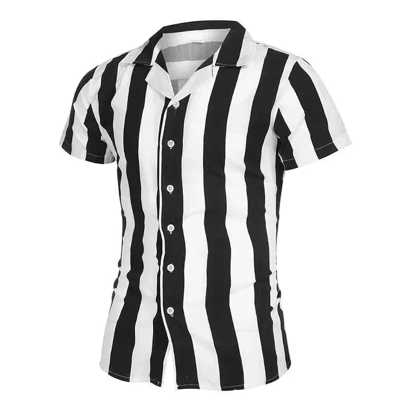 Showlu Fashion holiday beach striped 3D print short sleeve button shirt, casual unisex men's and women's summer top with lapel collar.