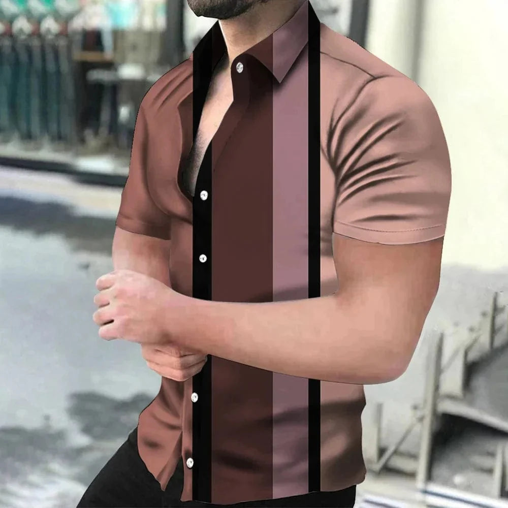 Striped 3D print short sleeve button shirt by Showlu Fashion, casual unisex beach holiday shirt with lapel collar.