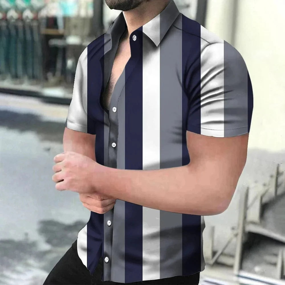Showlu Fashion holiday beach striped 3D print short sleeve button shirt with lapel collar, casual unisex style for men and women.