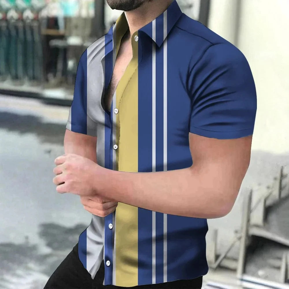 Striped holiday beach 3D print short sleeve button shirt by Showlu Fashion, featuring casual unisex design with lapel collar.