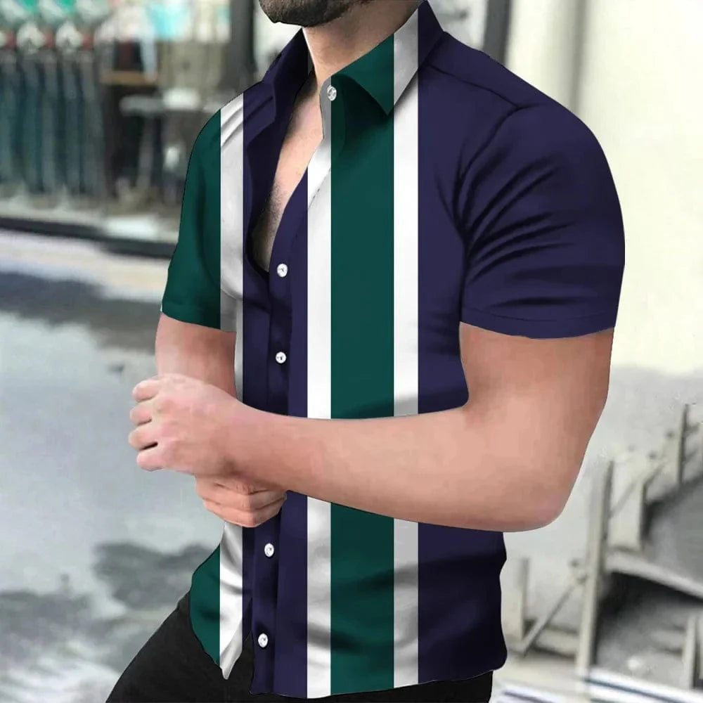 Showlu Fashion holiday beach striped 3D print short sleeve button shirt, casual unisex top with lapel collar and oversized fit.