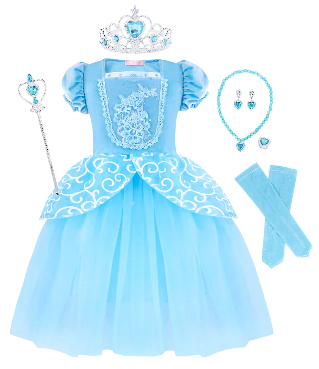 Showlu Girls Princess Dress Up Costume with puffy ball gown and sleevelets, perfect for Halloween, birthday parties, and dress-up play
