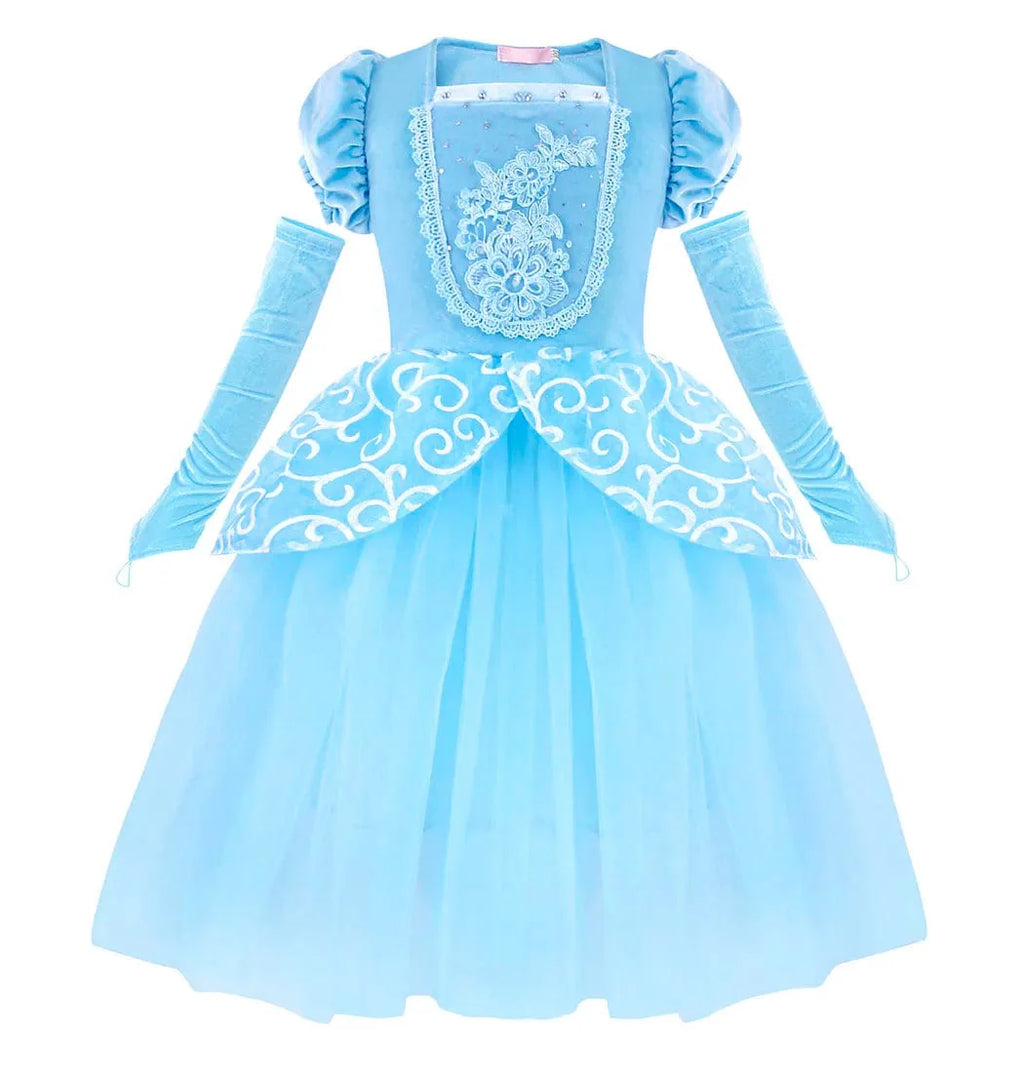 Showlu Girls Princess Dress Up Costume with puffy ball gown and sleevelets, perfect for Halloween, birthday parties, or dress-up play.