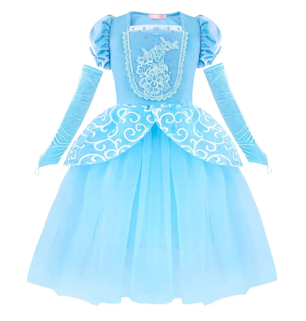 Showlu Girls Princess Dress Up Costume with puffy ball gown and sleevelets, perfect for Halloween, birthday parties, or dress-up play.