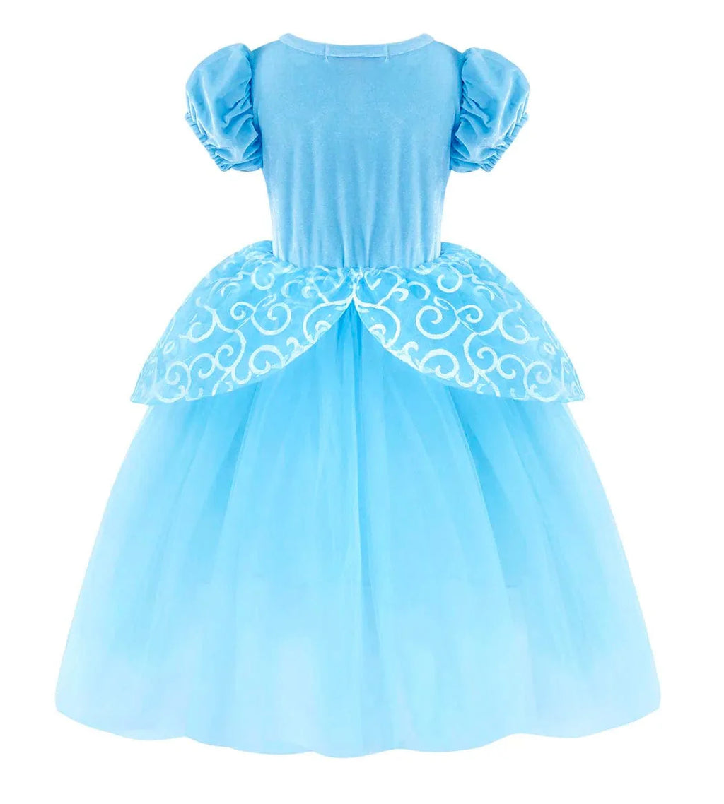 Showlu Girls Princess Dress Up Costume with puffy ball gown and sleevelets, perfect for Halloween, birthdays, or dress-up play.