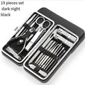 Showlu 18-piece stainless steel manicure set with leather case, including nail clippers, dead skin tools, and eyebrow scissors.