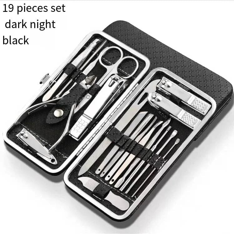 Showlu 18-piece stainless steel manicure set with leather case, including nail clippers, dead skin tools, and eyebrow scissors.