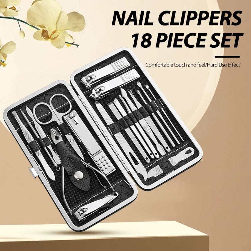 Showlu 18-piece stainless steel manicure set with leather case, including nail clippers, dead skin pliers, and eyebrow trimmers.