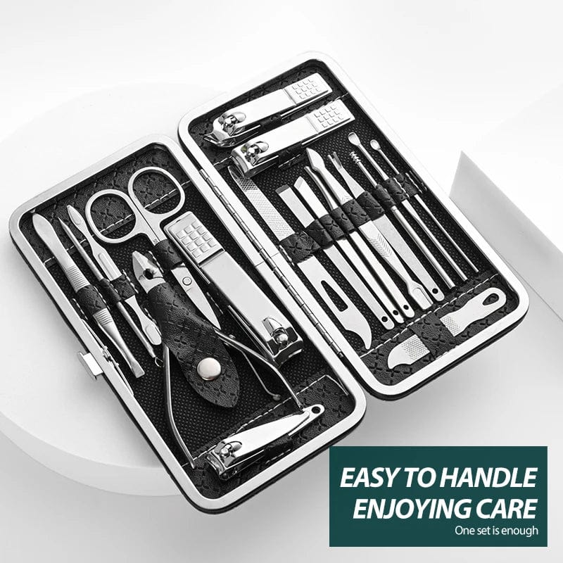 Showlu 18-piece stainless steel manicure set with leather case including nail clippers, dead skin pliers, and eyebrow scissors.