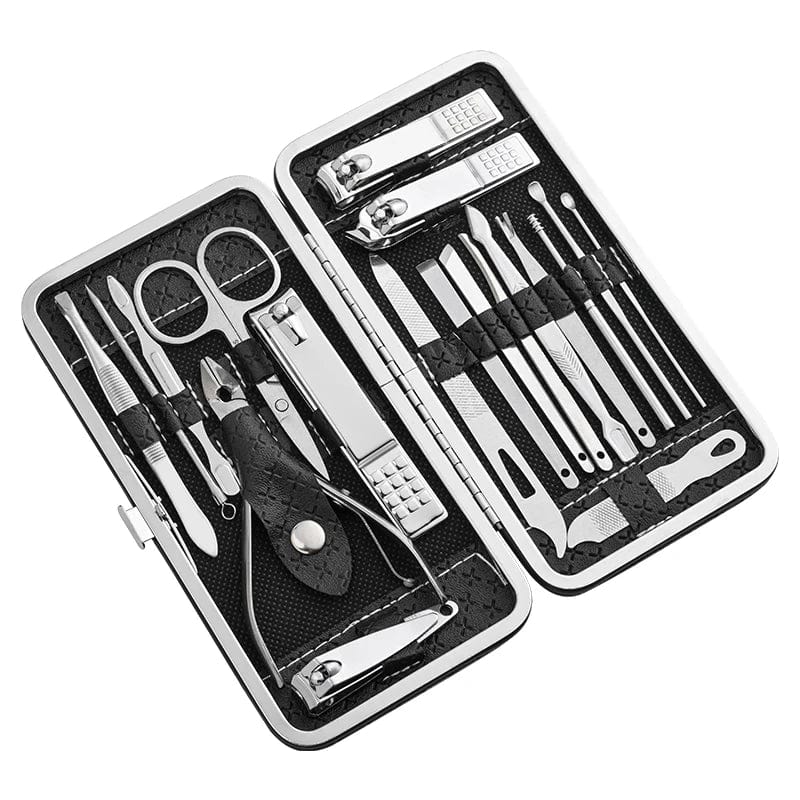 Showlu 18-piece stainless steel manicure set with leather case, includes nail clippers, dead skin tools, eyebrow clipper, and small scissors.