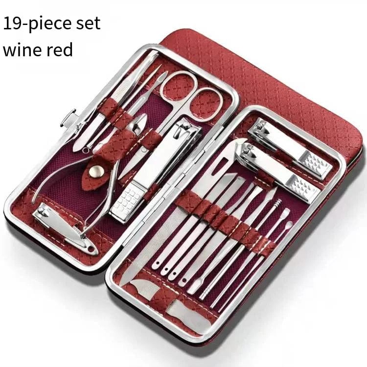 Showlu 18-piece stainless steel manicure set with leather case including nail clippers, dead skin pliers, and eyebrow scissors.