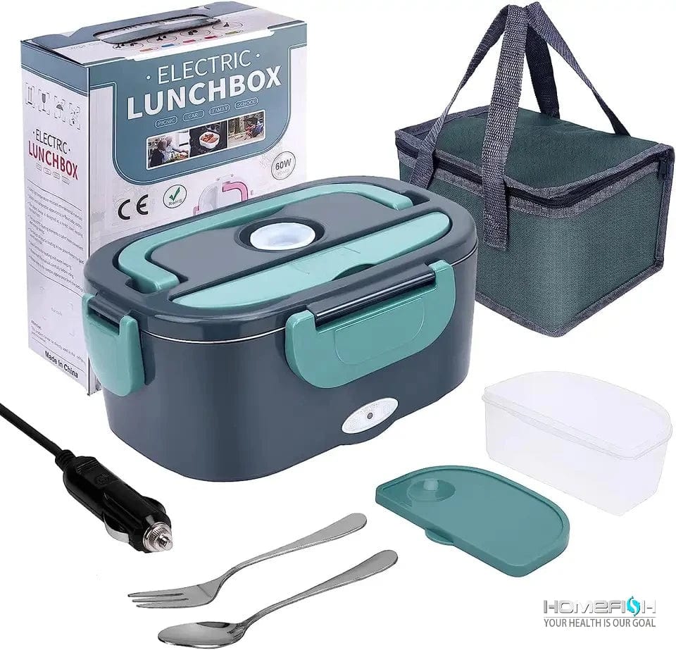 HOMEFISH 1.5L electric lunch box with stainless steel liner, portable food warmer for car and home use. Leak-proof design.