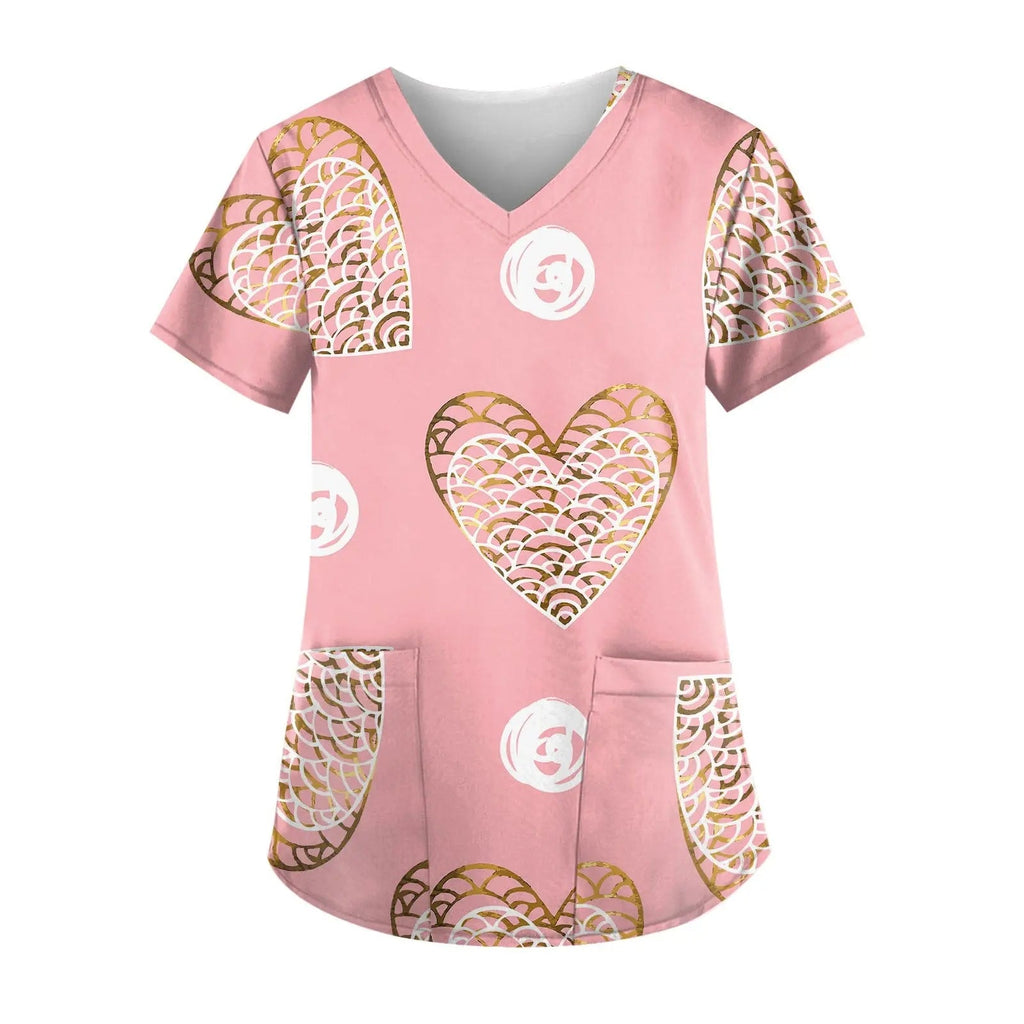 Printed short-sleeve nurse scrub top by Showlu Fashion Store featuring hospital-inspired fashion design and vibrant print.