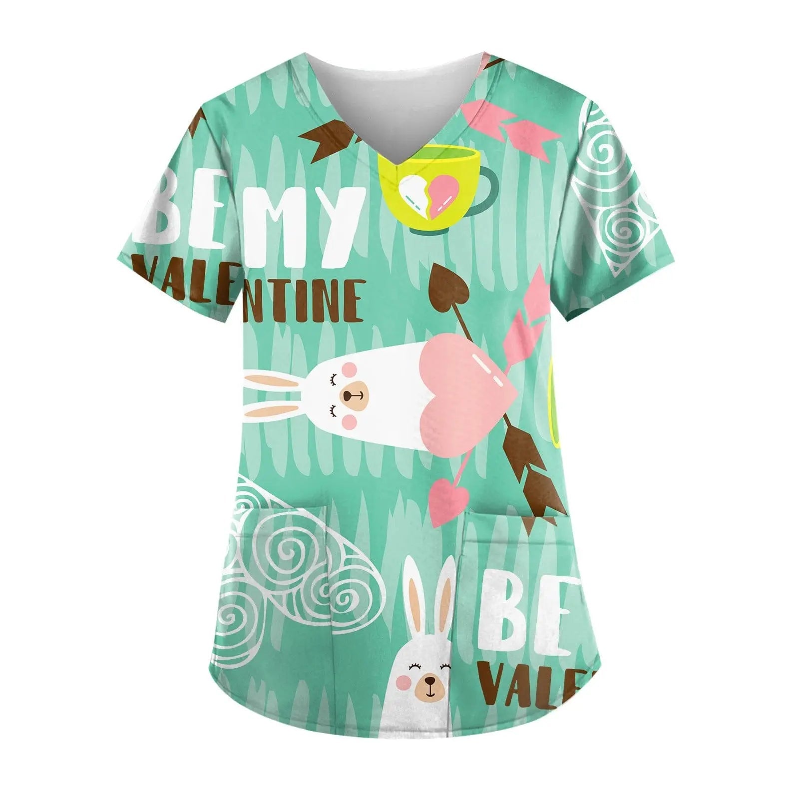 Showlu Fashion nurse scrub top with short sleeves and printed design, ideal for hospital work uniforms.