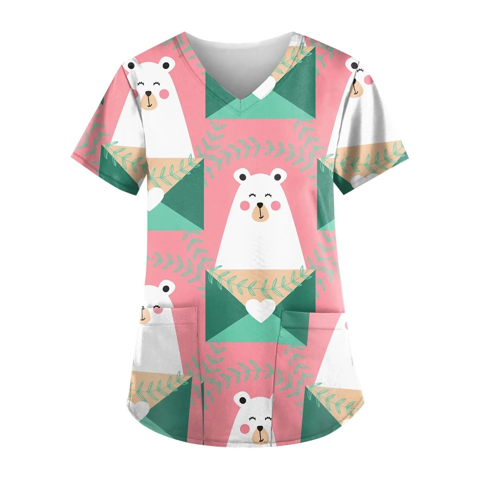 Printed short-sleeve nurse scrub top by Showlu Fashion with stylish hospital-themed design, ideal for medical work uniforms.