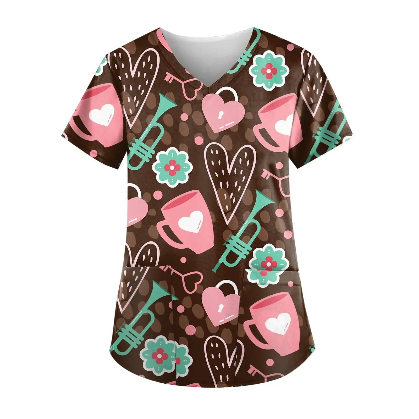 Showlu Fashion nurse scrub top with short sleeves and printed design, ideal for medical work uniforms.