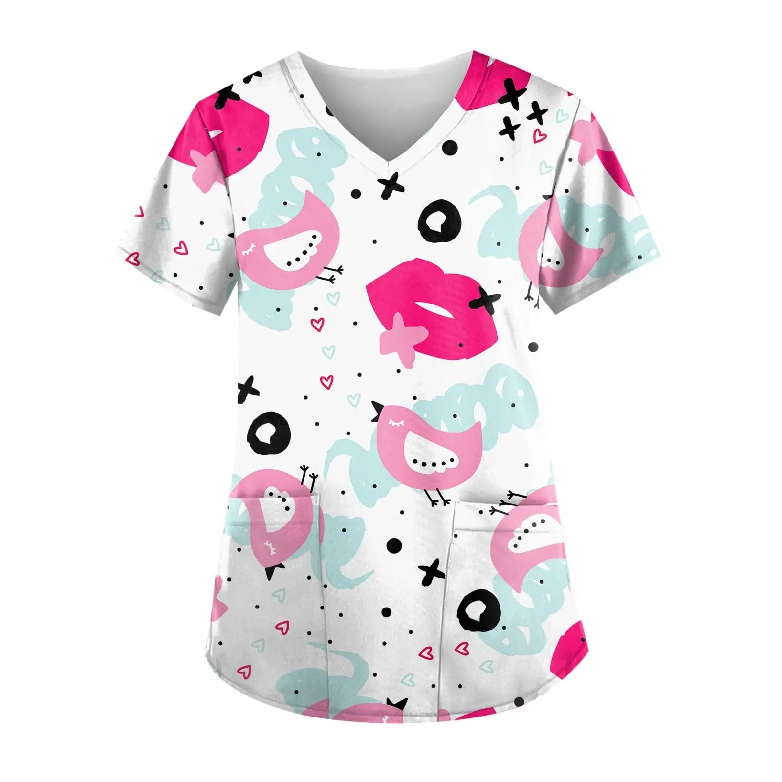 Showlu Fashion nurse scrub top with short sleeves and printed design, ideal for healthcare work uniforms.