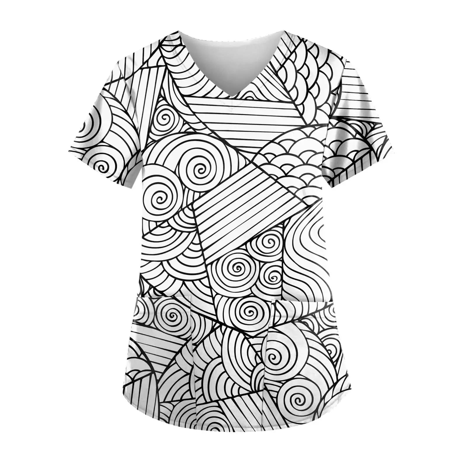 Printed short-sleeve nurse scrub top by Showlu Fashion Store featuring a stylish hospital-inspired design and comfortable fit.