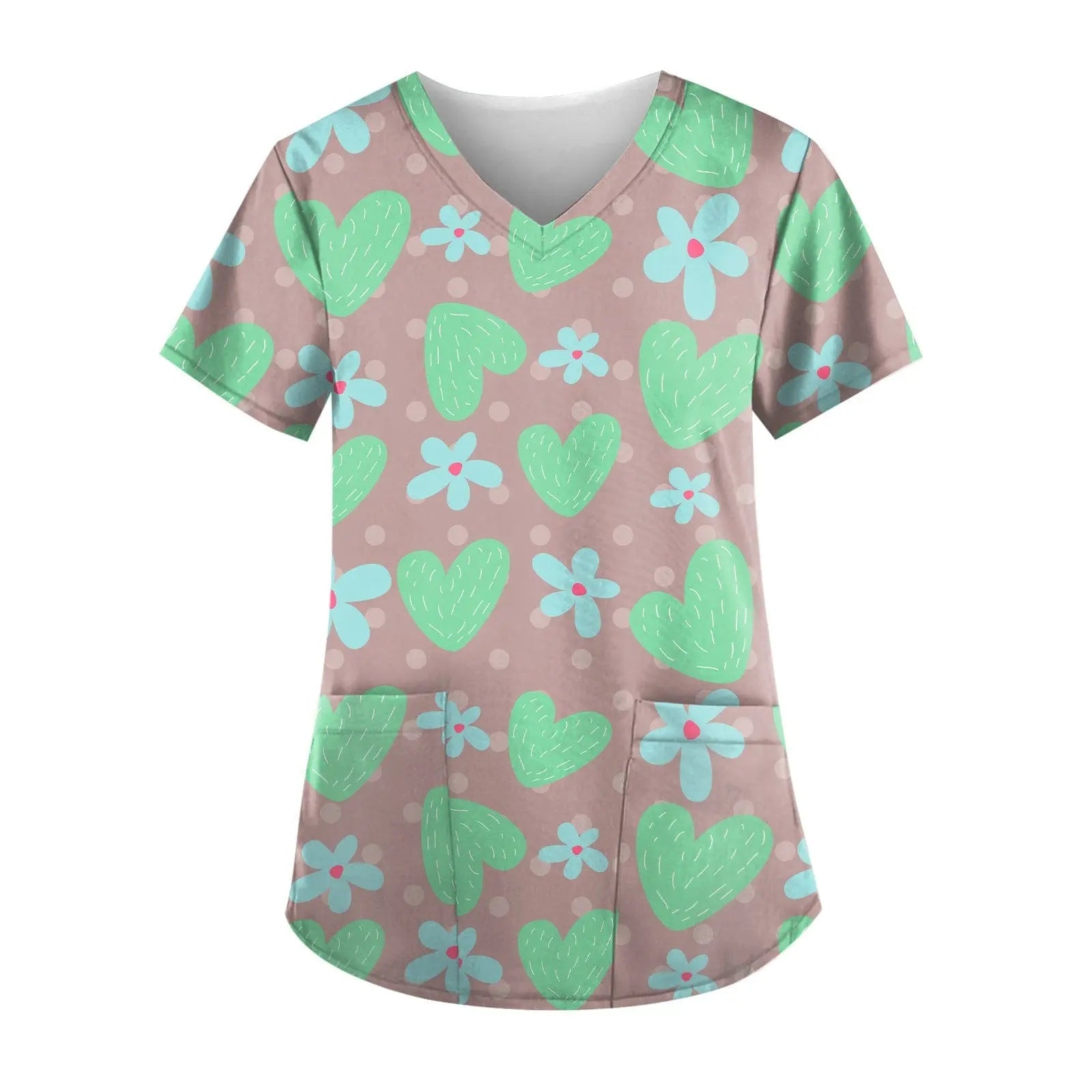 Showlu Fashion nurse scrub top with short sleeves and printed design, suitable for healthcare work uniforms.