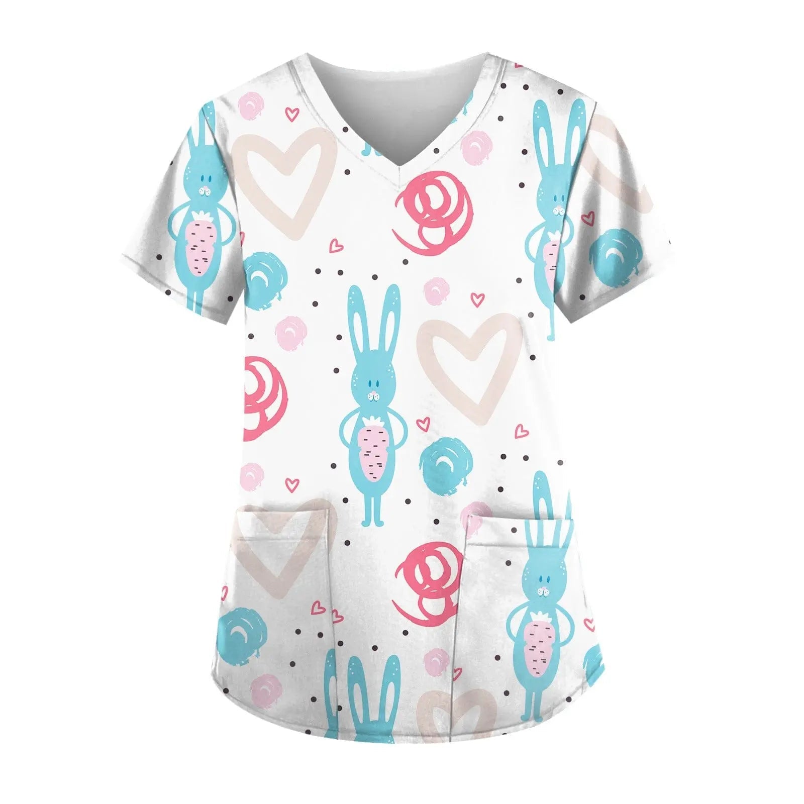 Printed short-sleeve nurse scrub top by Showlu Fashion, stylish hospital work uniform with colorful floral design.