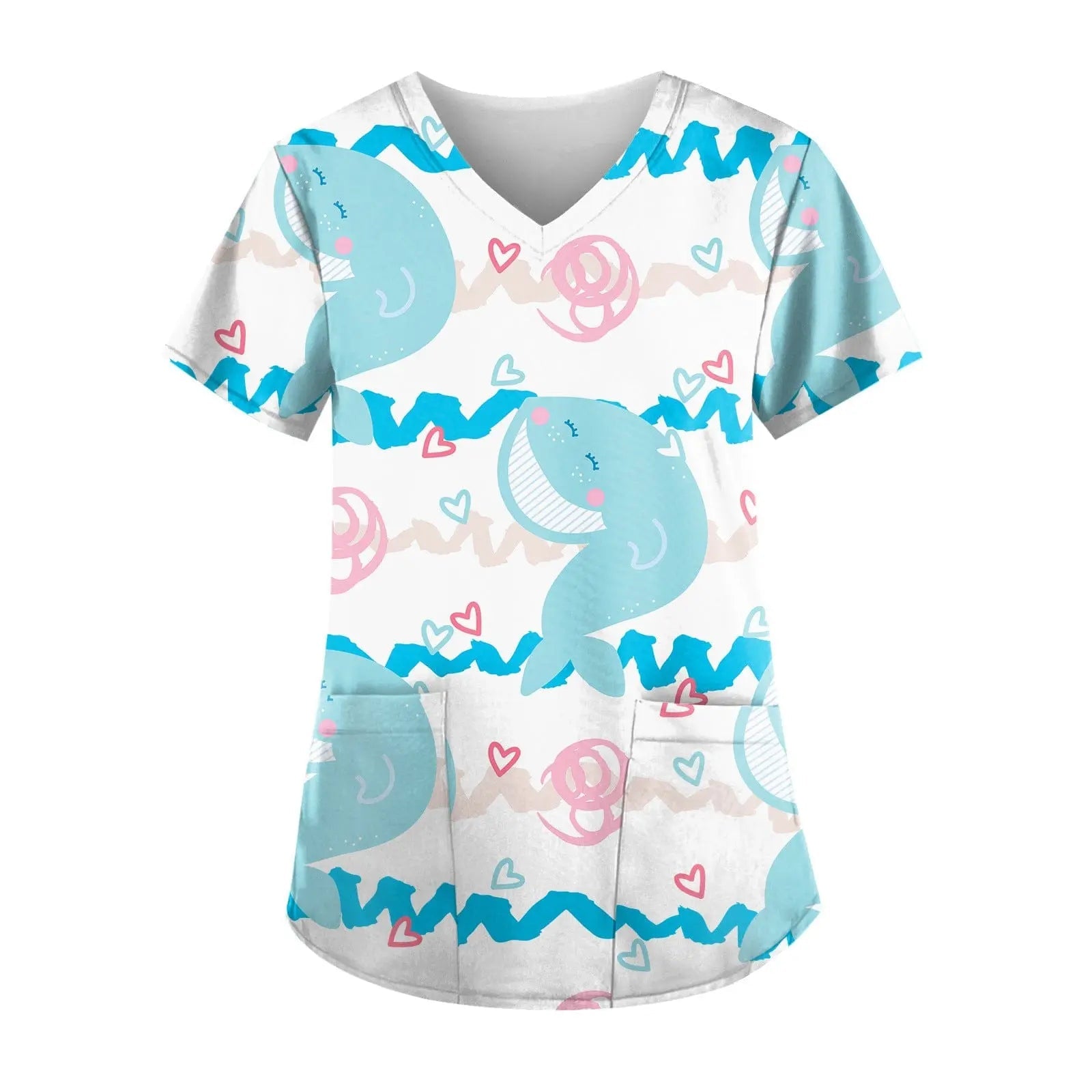 Printed short-sleeve nurse scrub top by Showlu Fashion with colorful hospital-themed design, ideal for healthcare work uniforms.