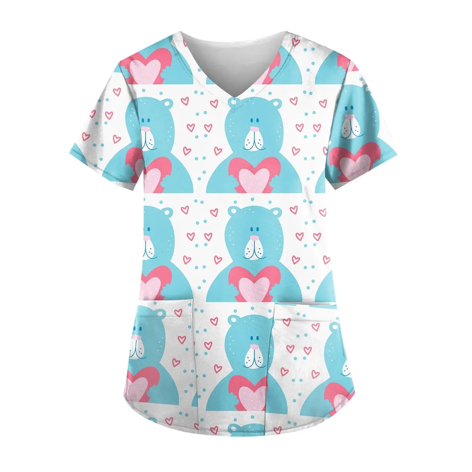 Printed short-sleeve nurse scrub top by Showlu Fashion Store, stylish hospital work uniform with colorful floral design.