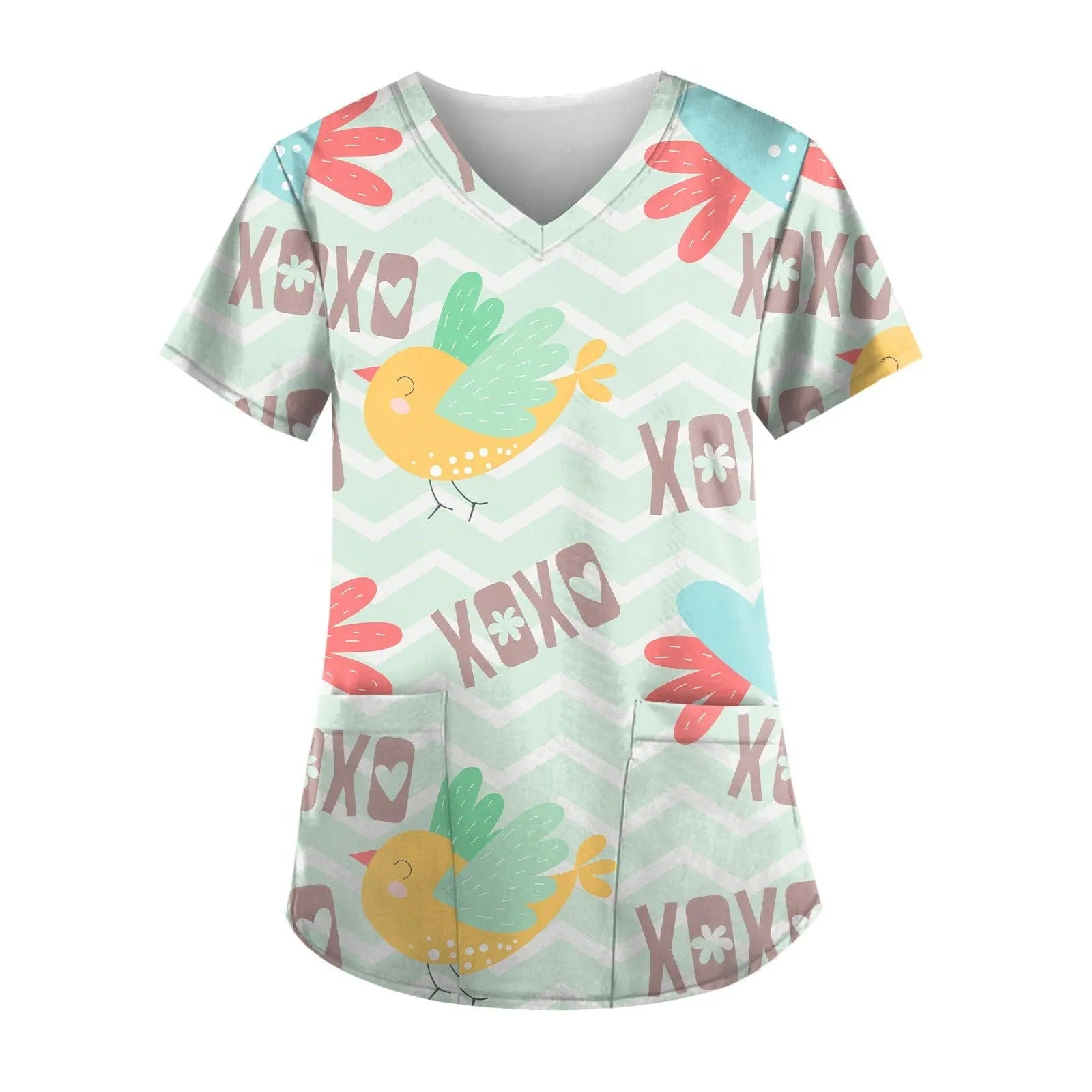 Printed short-sleeve nurse scrub top by Showlu Fashion Store with colorful hospital-themed design, ideal for healthcare professionals.