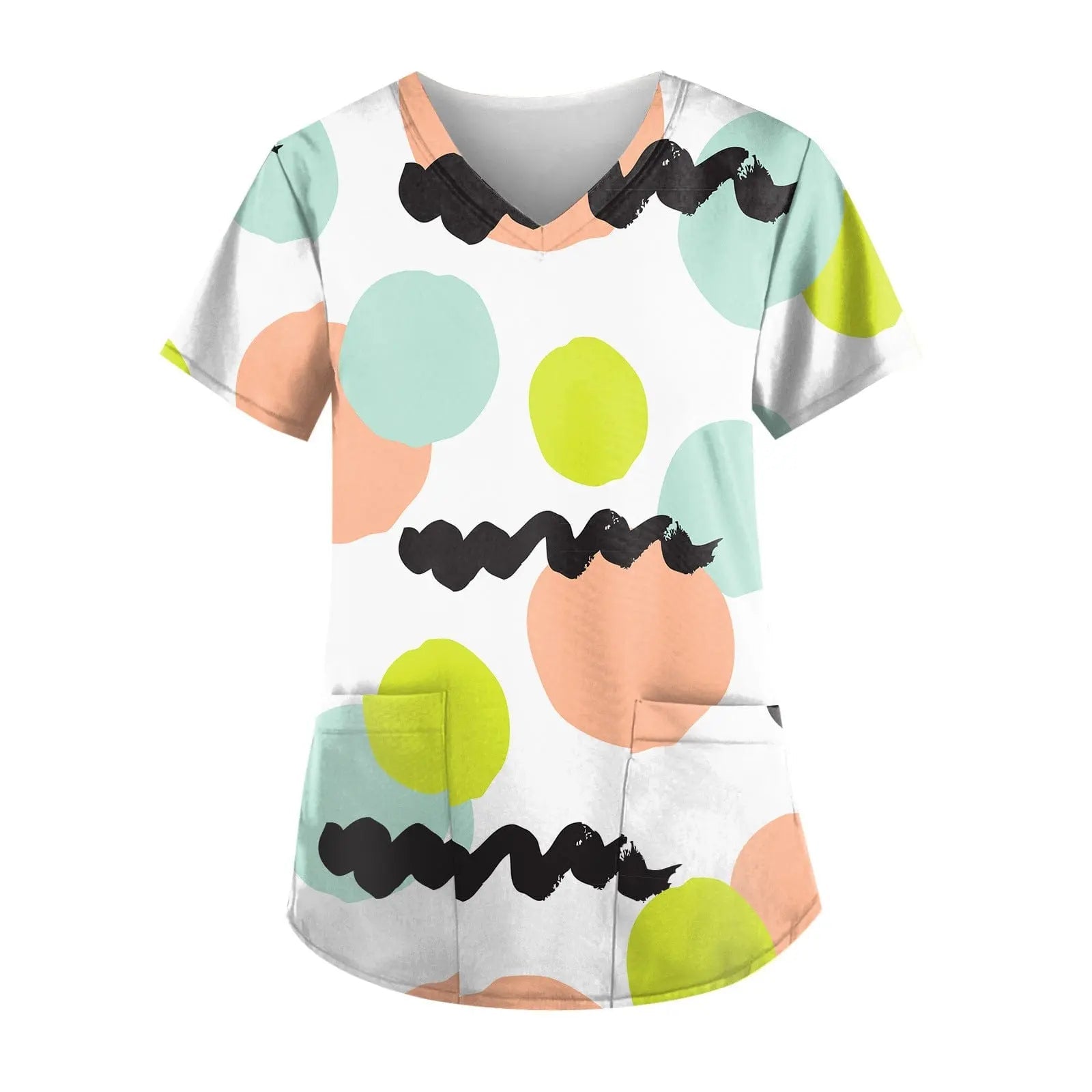 Printed short-sleeve nurse scrub top by Showlu Fashion Store, featuring stylish hospital-inspired design and comfortable work uniform.