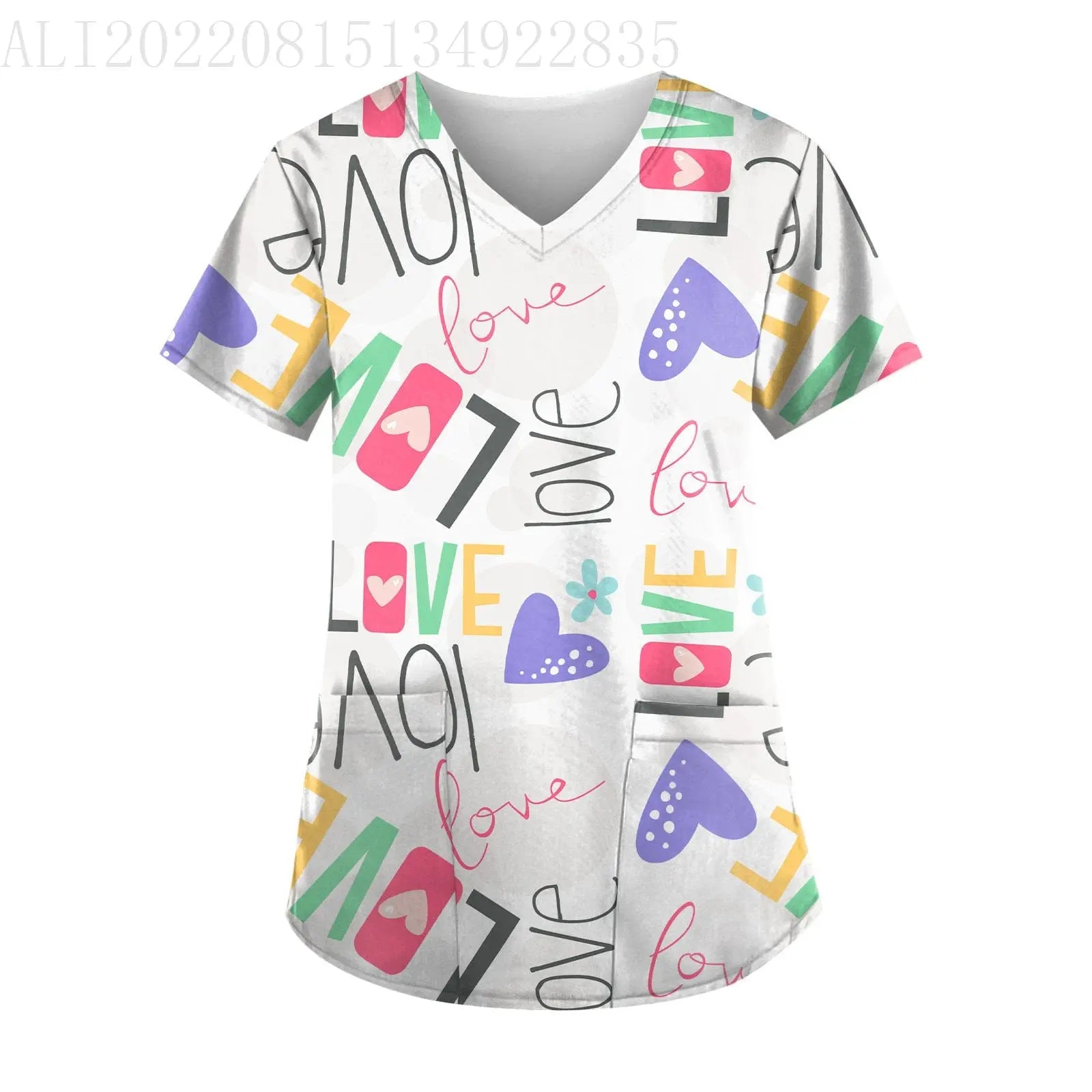 Showlu Fashion nurse scrub top with short sleeves and printed design, suitable for hospital work uniforms.