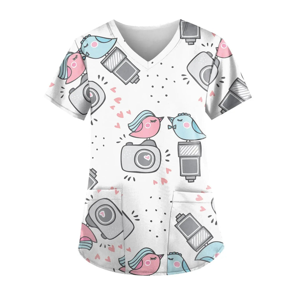 Showlu Fashion nurse scrub top with short sleeves and printed design, ideal for hospital work uniforms.