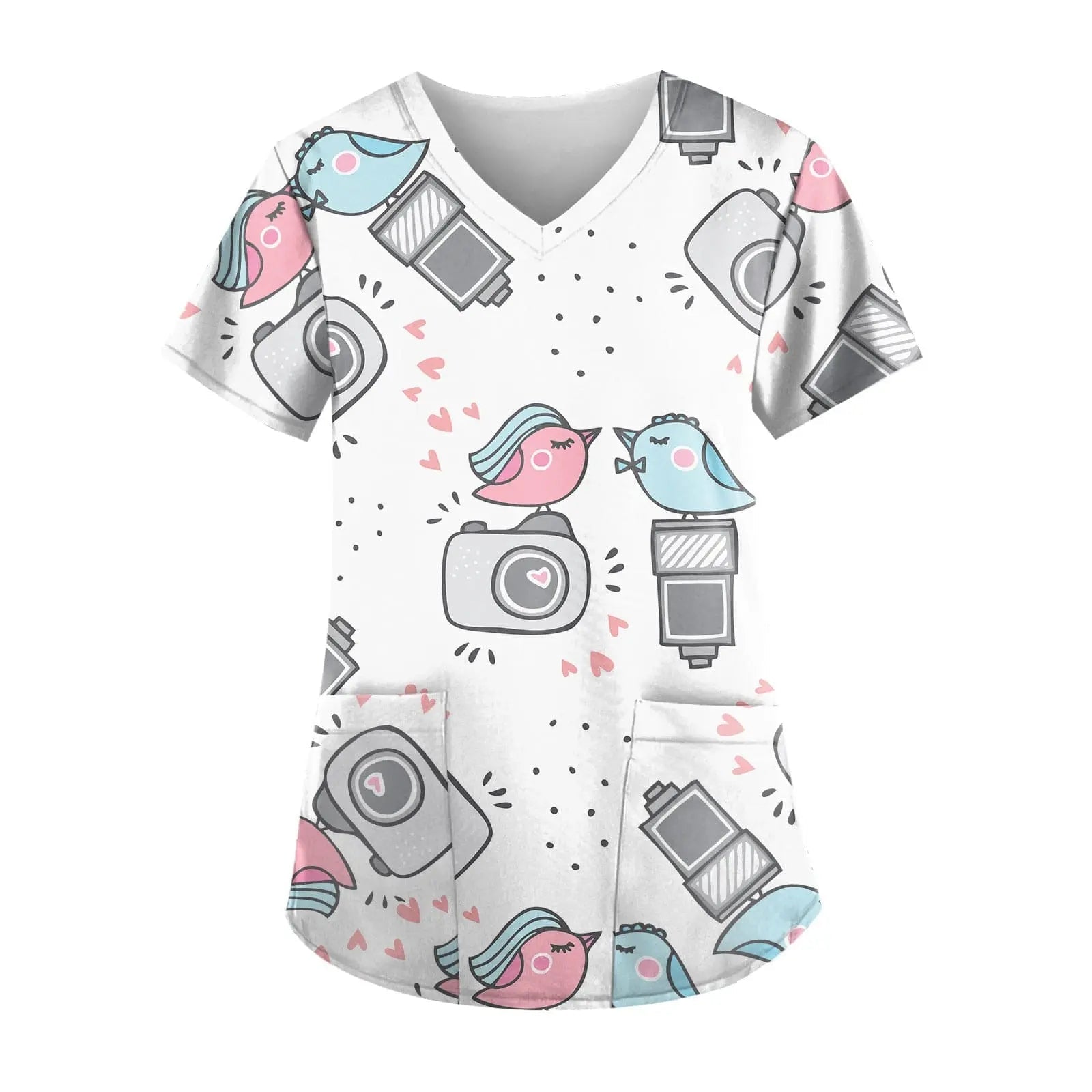 Showlu Fashion nurse scrub top with short sleeves and printed design, ideal for hospital work uniforms.
