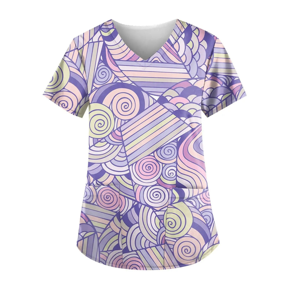 Printed short-sleeve nurse scrub top by Showlu Fashion Store, featuring a modern hospital-themed design for medical work uniforms.