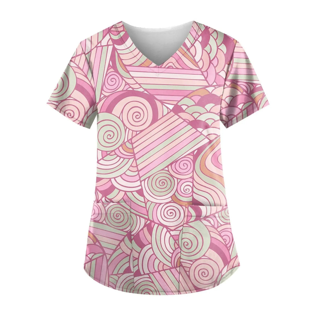 Showlu Fashion nurse scrub top with short sleeves and printed design, ideal for healthcare work uniforms.