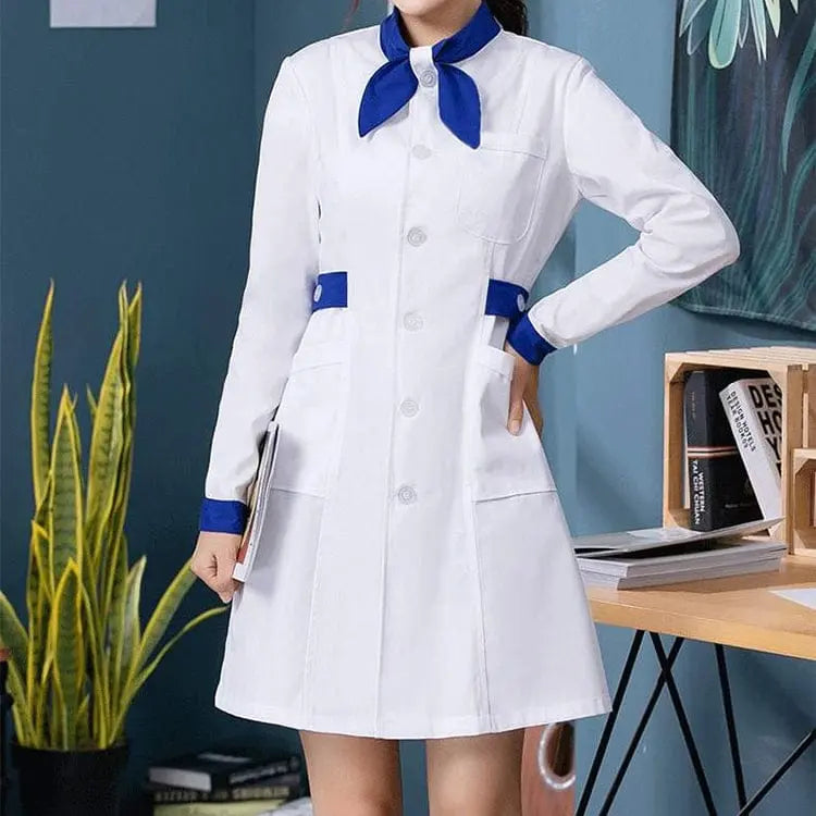 White Showlu female nursing scrubs dress with bow tie, hospital uniform blouse and coat for medical professionals.