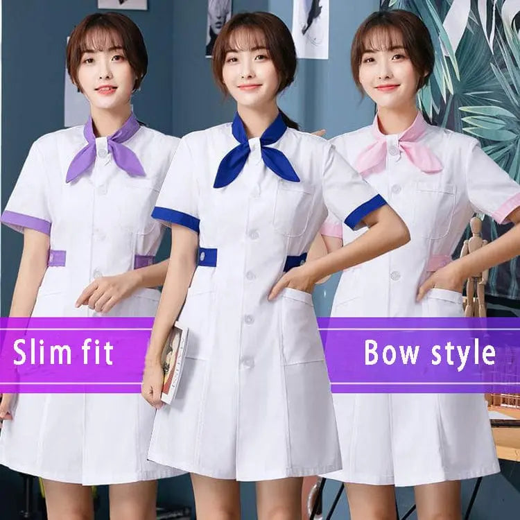 White female nursing scrubs dress with bow tie, hospital uniform by Showlu Fashion Store, featuring a professional blouse and coat.