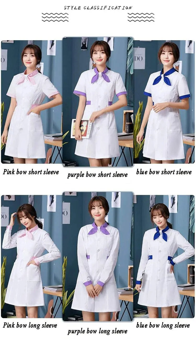 White Showlu Female Nursing Scrubs Dress with bow tie, hospital uniform, professional nursing attire, front view.