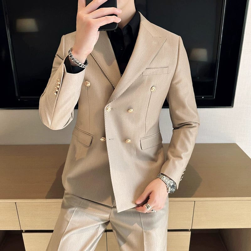 Hanson men's slim fit white suit blazer with double-breasted design, casual formal style, featuring a collared neckline.
