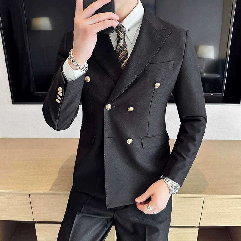 Hanson men's slim fit white suit blazer with double-breasted design, casual formal style, featuring a collar and tailored fit.