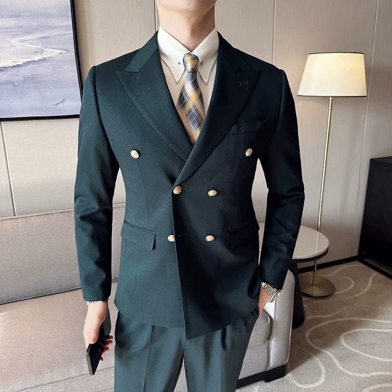 Hanson men's slim fit white suit with double-breasted blazer, casual formal style, featuring a collar and sleek design.