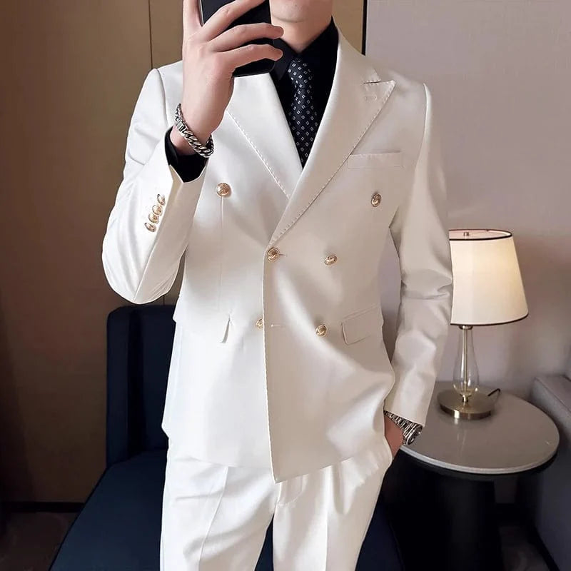 Showlu Fashion Men's slim fit white suit with double-breasted blazer, casual and formal style, featuring a collar and tailored fit.