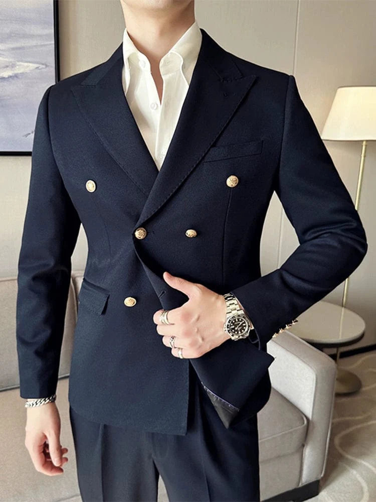 Hanson men's slim fit white suit blazer with double-breasted casual formal style, featuring a collar and sleek tailored fit.