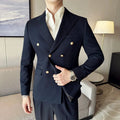 Hanson men's slim fit white suit with double-breasted blazer, casual formal style, featuring a collar and sleek tailored design