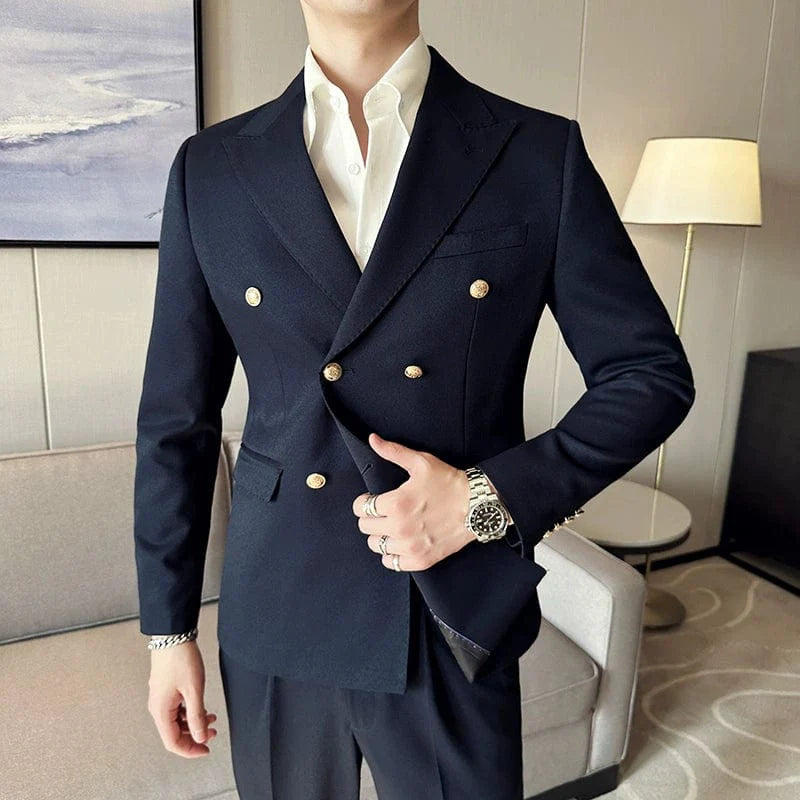 Hanson men's slim fit white suit with double-breasted blazer, casual formal style, featuring a collar and sleek tailored design