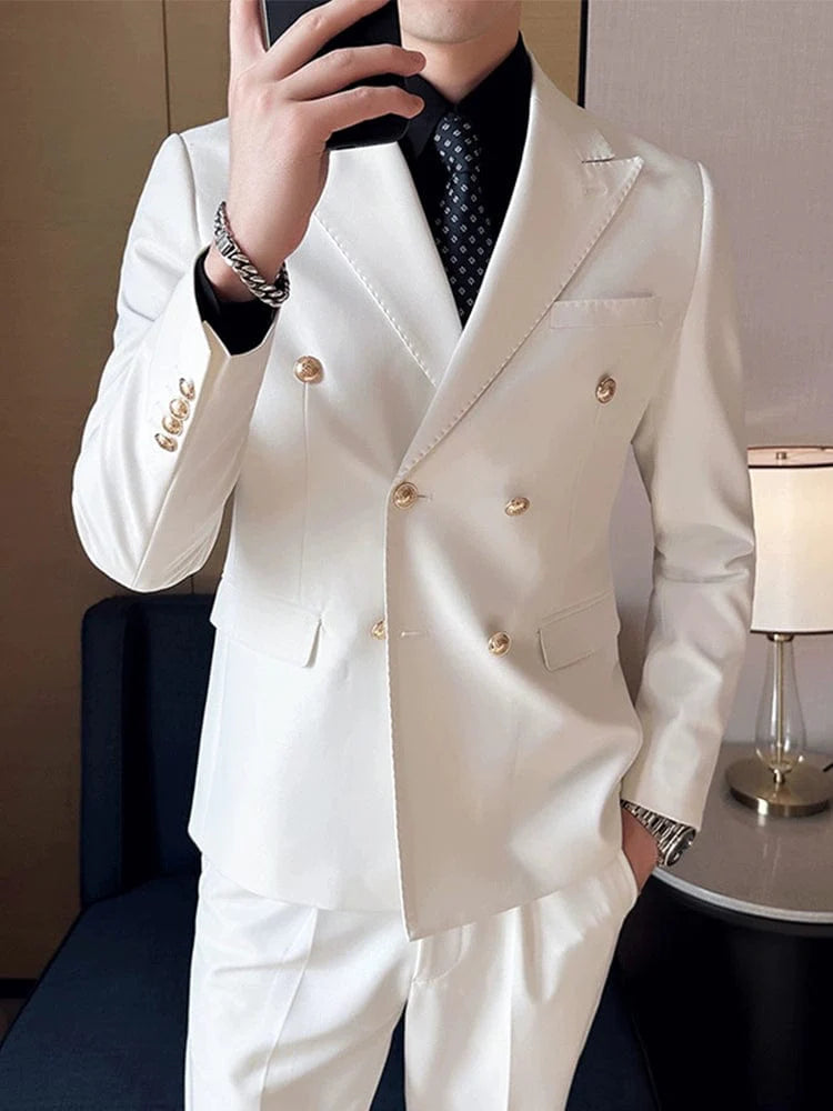 Hanson men's slim fit white suit blazer with double-breasted design, casual formal style, featuring a collar and tailored fit.