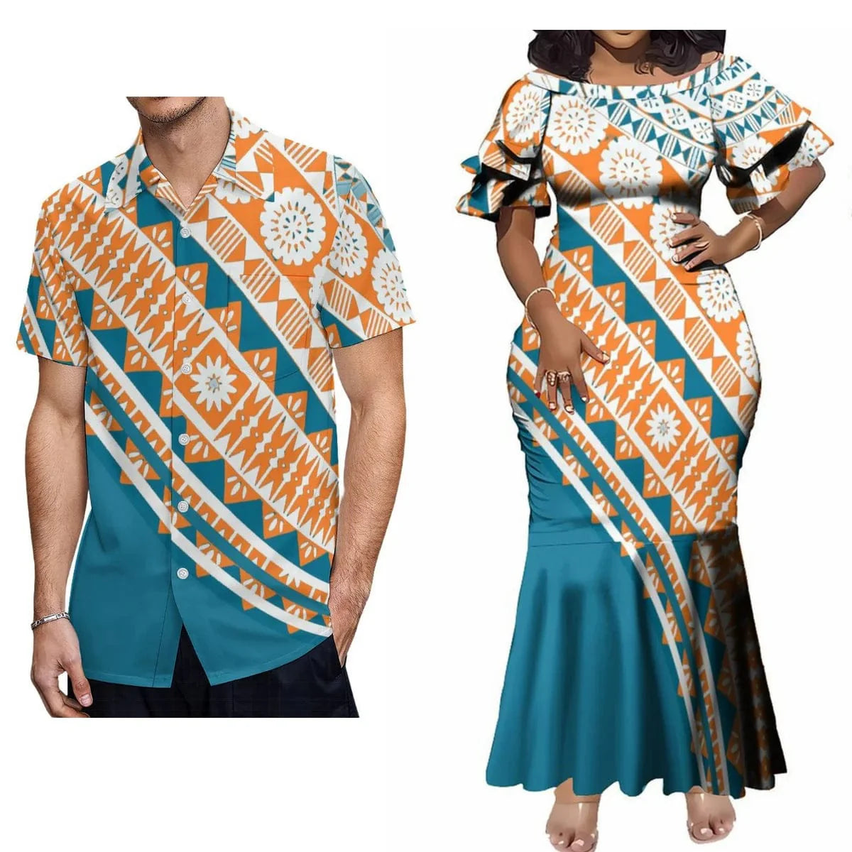 Polynesian print couple set featuring a woman's elegant maxi dress and a man's casual shirt, perfect for tropical occasions.