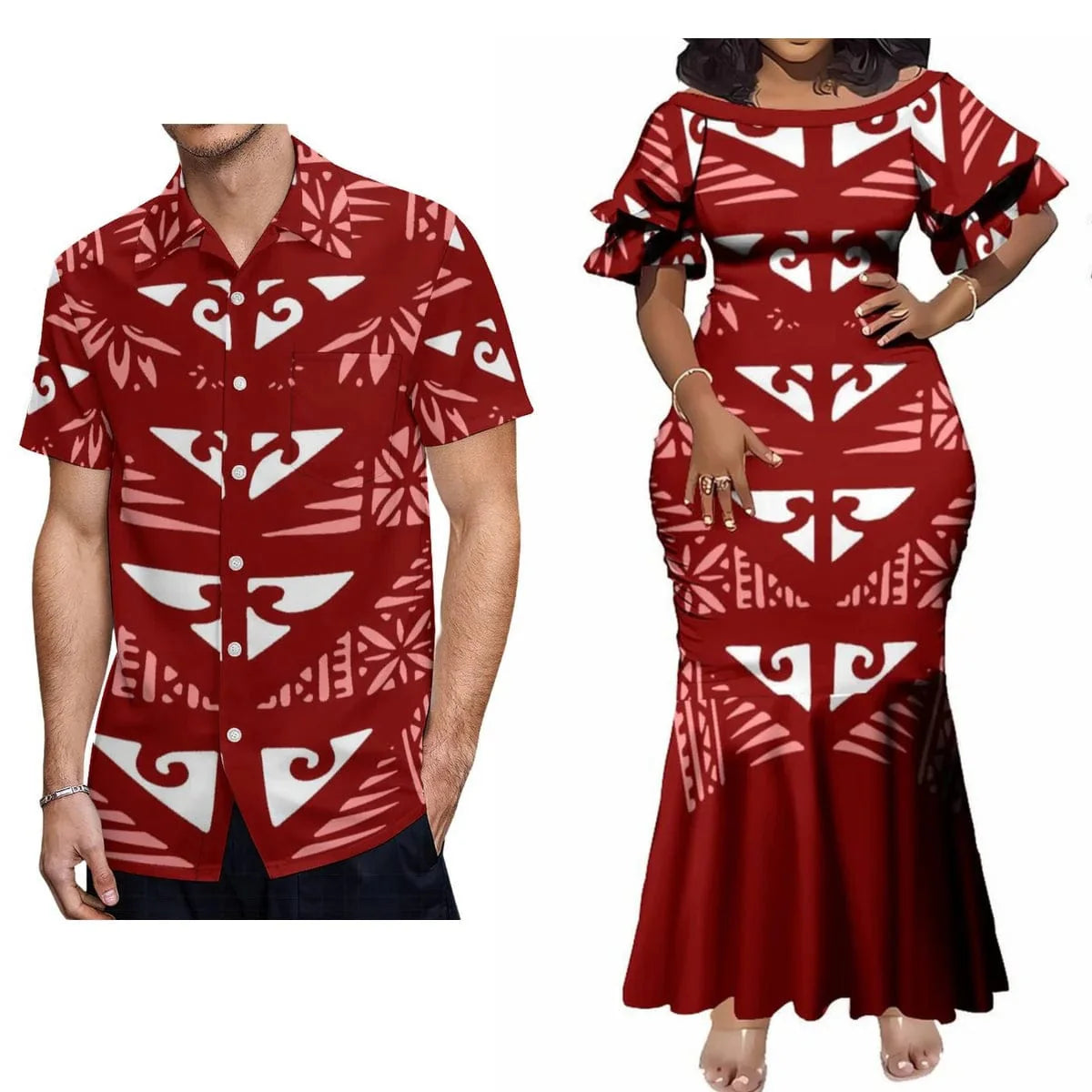 Showlu Fashion Polynesian print couple set with woman's elegant maxi dress and men's casual shirt, featuring vibrant tribal patterns.