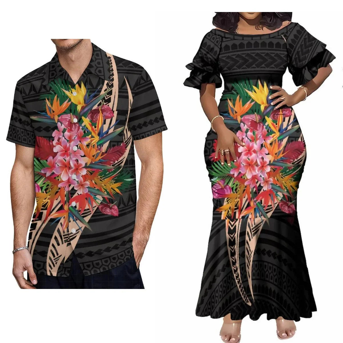 Polynesian print couple set featuring a woman’s elegant maxi dress and a matching casual shirt by Showlu Fashion.