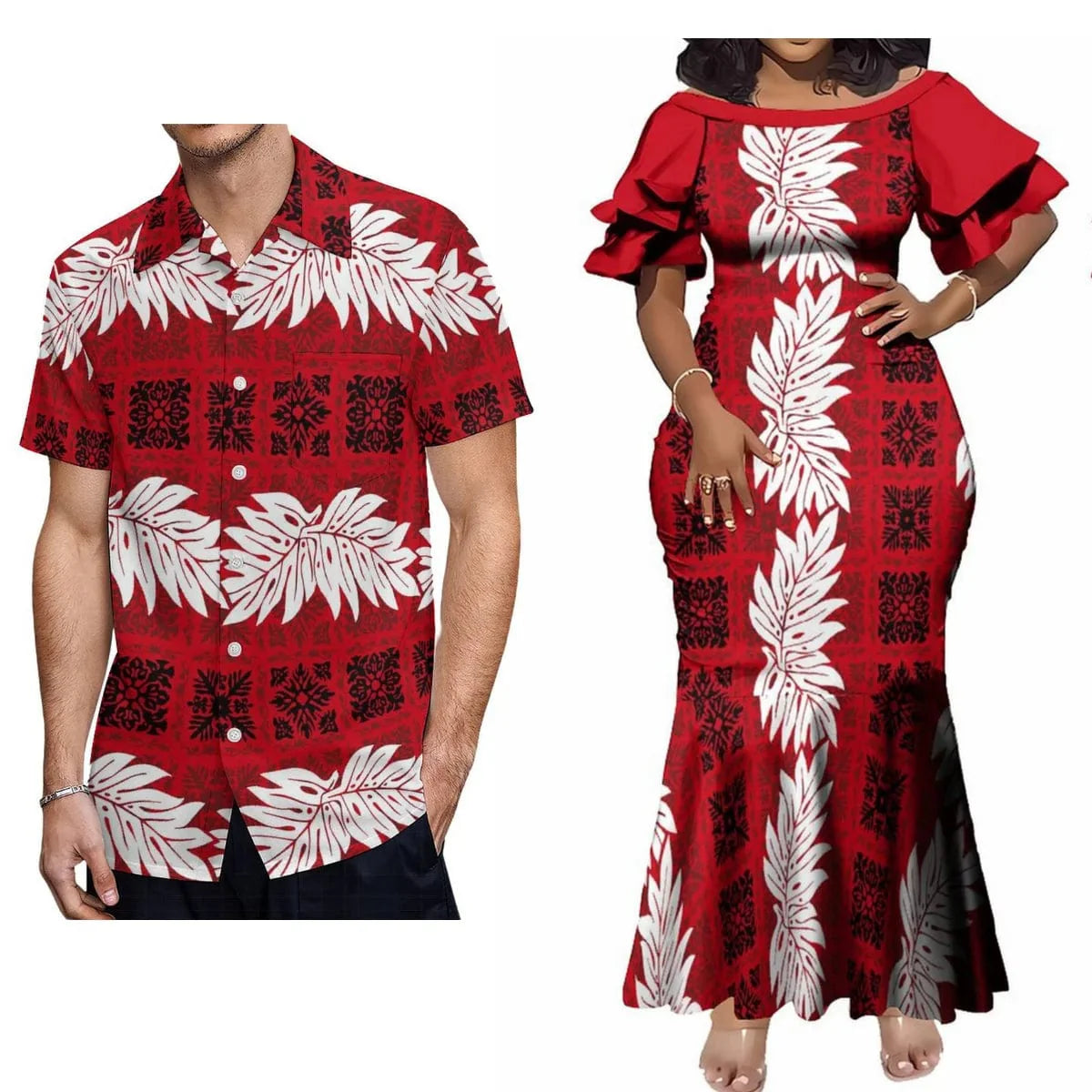 Polynesian print couple set featuring a woman's elegant maxi dress and men's casual shirt by Showlu Fashion Store.
