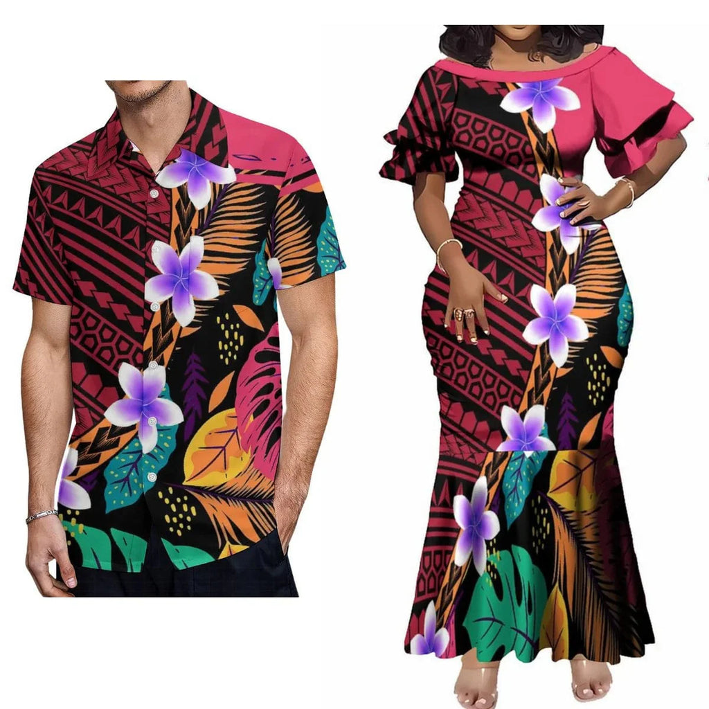 Polynesian print couple set featuring an elegant maxi dress for women and casual shirt for men, perfect for tropical occasions.