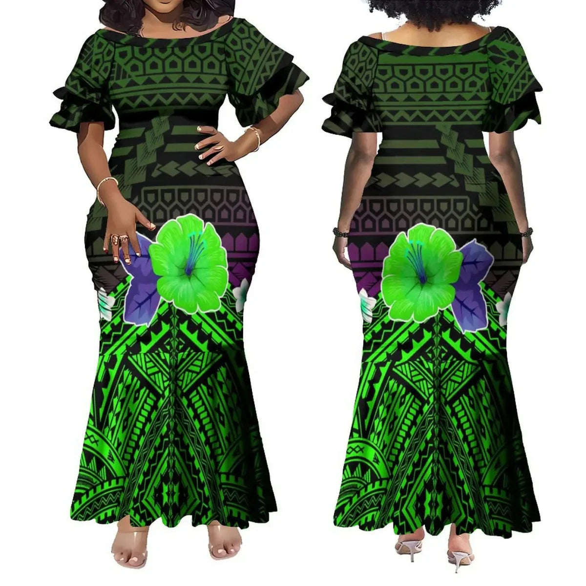 Showlu Fashion Polynesian print couple set with an elegant maxi dress for women and a casual shirt for men, featuring vibrant tribal patterns.